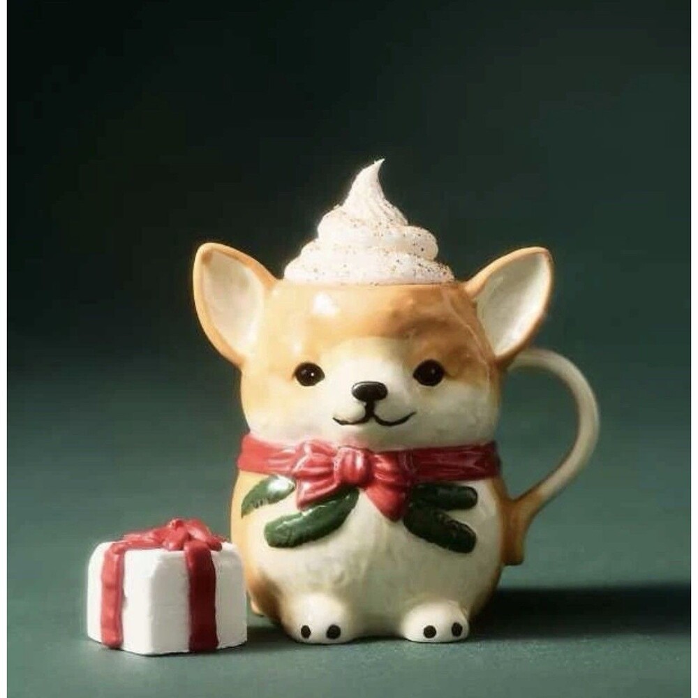 Anthropologie Peluche Pet Corgi Dog Mug Christmas Stoneware
